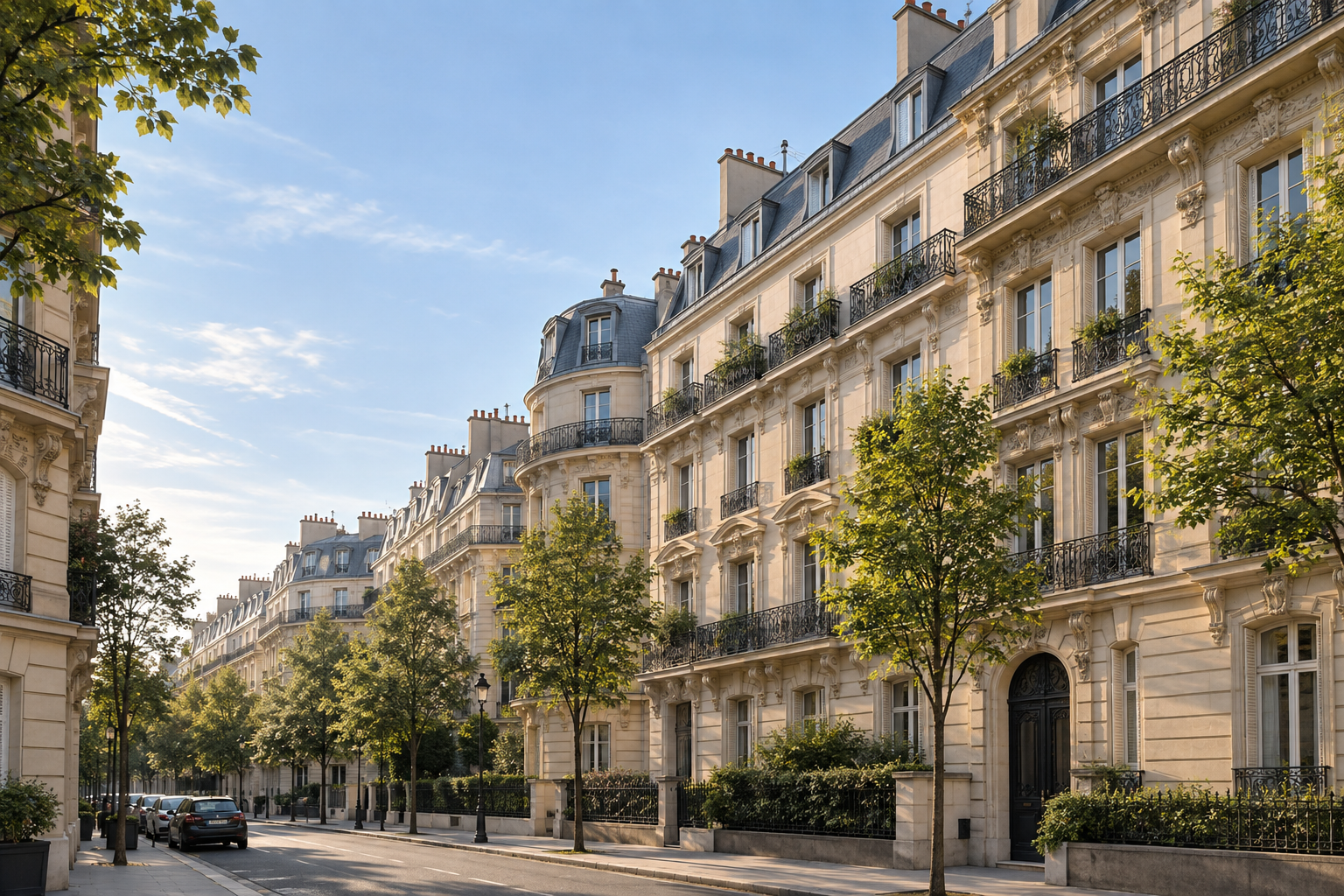 Illustration de façades parisiennes en pierre, balcons en fer forgé et toits en zinc.